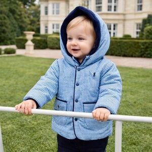 YSL Yves Saint Laurent Gingham Hooded Long Sleeve Puffer Button Up Jacket